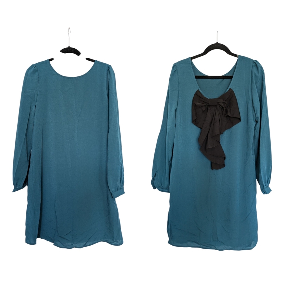 NEW Women’s Teal Dress W Black Bow In Back Long Sleeve‎ M NWT Coquette Holiday